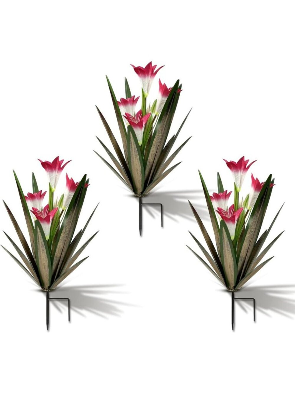 Hand-Painted Metal Agave Plant Yard Art - Outdoor Garden Decor with 3 Red Lilies